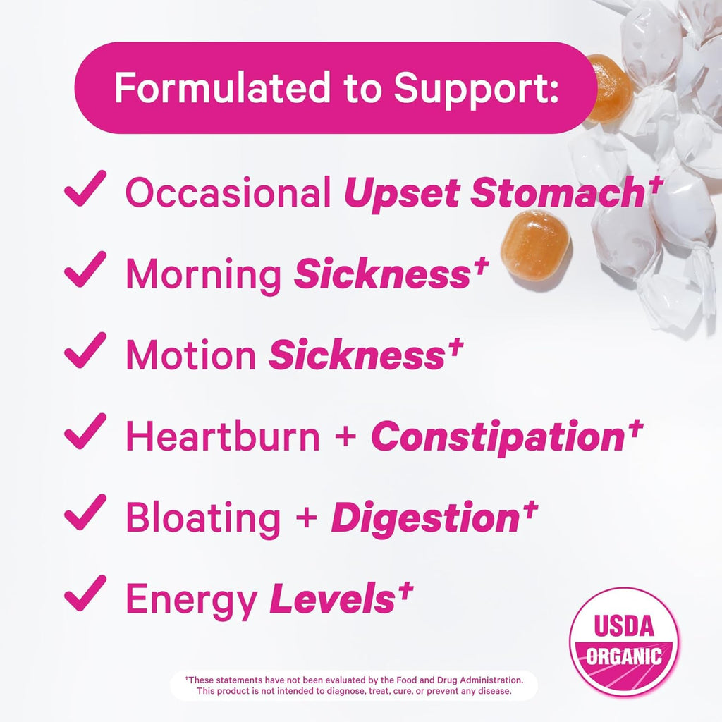 Pink Stork Morning Sickness Sweets, Organic Raspberry Ginger Candy with Vitamin B6, Support for Motion Sickness, Prenatal Heartburn - Pregnancy Must Haves - 30 Wrapped Drops
