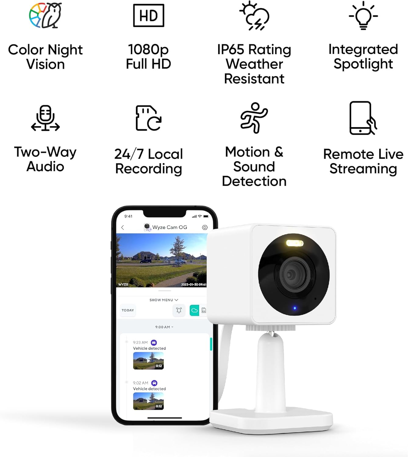 Wyze Cam OG Indoor/Outdoor 1080p Wi-Fi Smart Home Security Camera with Color Night Vision, Built-in Spotlight, Motion Detection, 2-Way Audio, Compatible with Alexa Google, White, Free Expert Setup