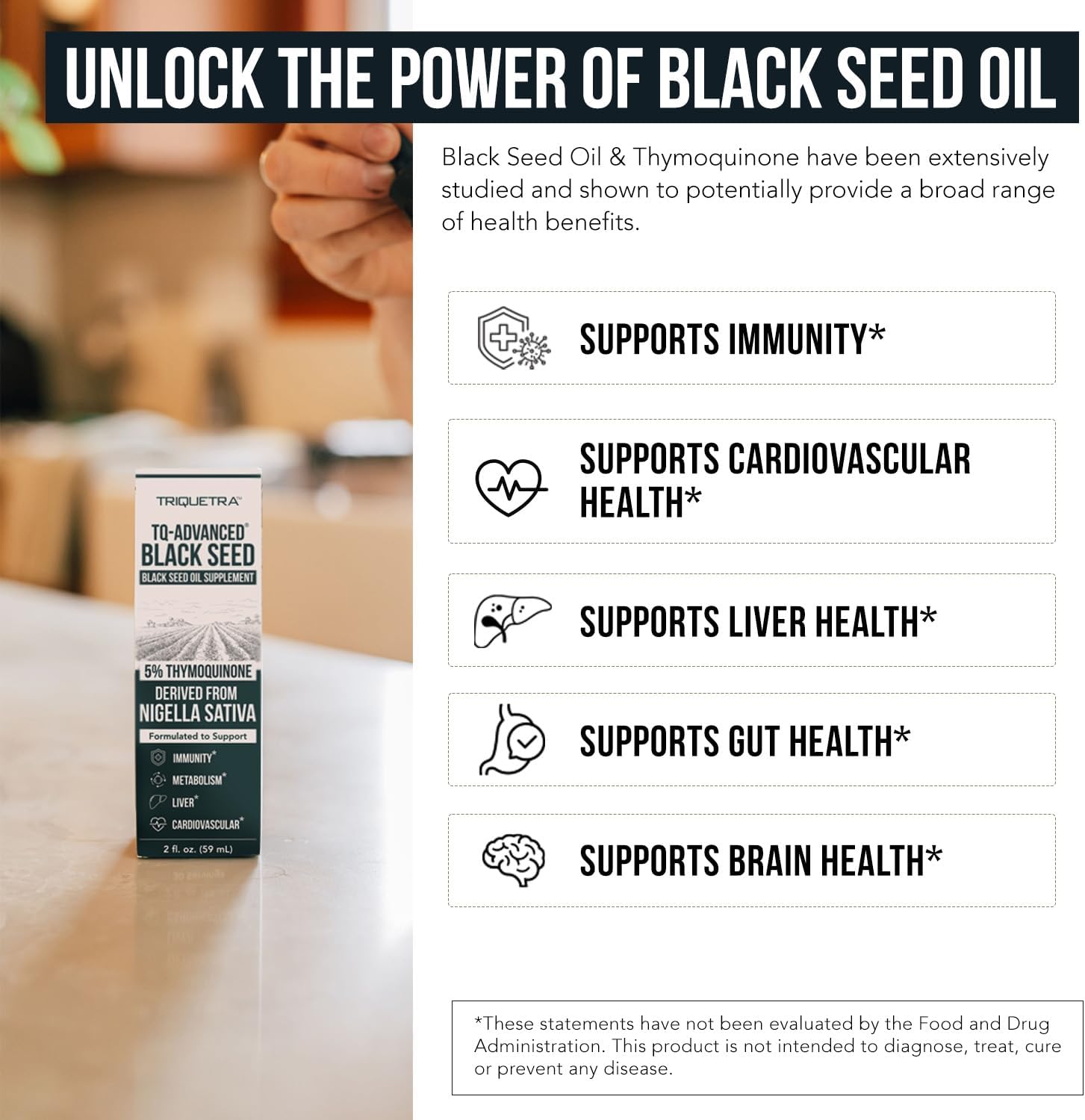 Black Seed Oil Liquid | 5% Thymoquinone - TQ-Advanced® | High Potency - 100 mg per Serving - 15:1 Concentrate from Nigella Sativa Extract, Raw Form, Vegan Formula, Glass Bottle (30 Servings)