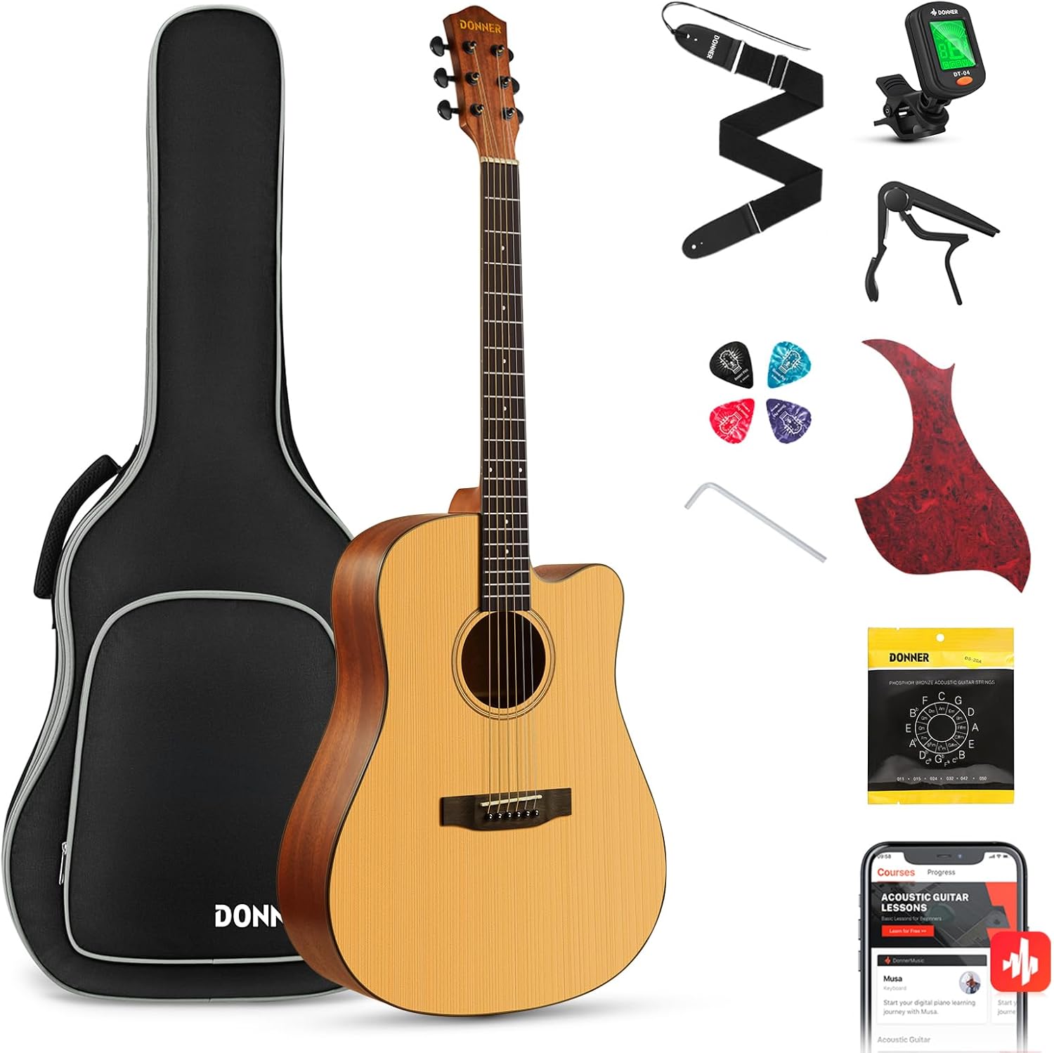 41¡± Acoustic Guitar Bundle for Beginners Adults with Online Lesson, 4/4 Full Size Steel Acustica Guitarra with Gig Bag, Tuner, Strap, Strings, Picks, Capos, Cutaway, Natural, DAG-1C/DAD-110C