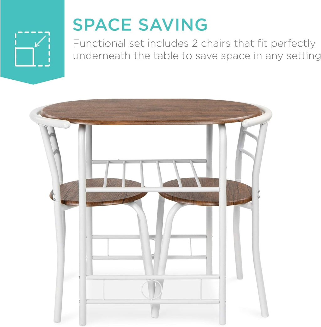Best Choice Products 3-Piece Wooden Round Table Chair Set for Kitchen, Dining Room, Compact Space w/Steel Frame, Built-in Wine Rack - White/Brown