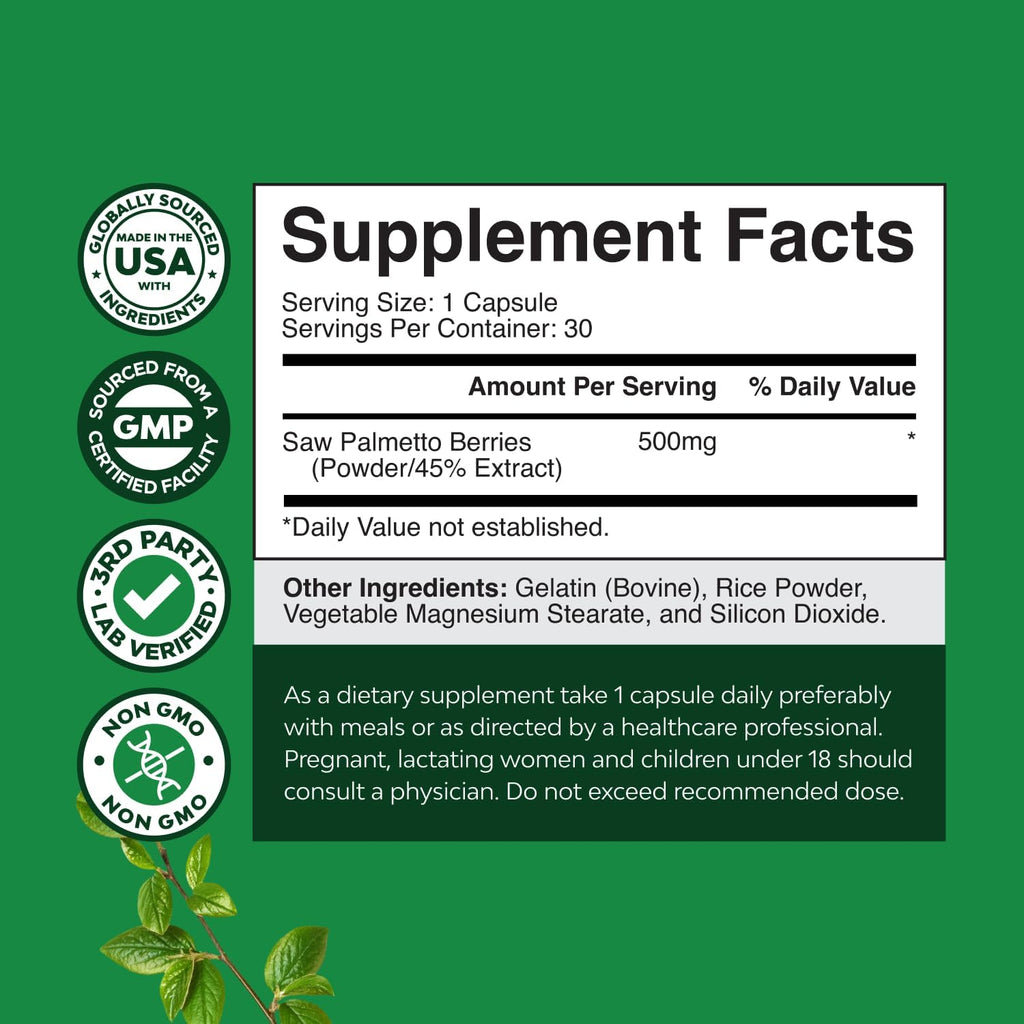 Extra Strength Saw Palmetto Extract - Advanced Herbal Complex for Hair Health and Urinary Support with Plant Sterols Flavonoids - Potent Herbal Supplement with 500mg per Serving - 30 Capsules