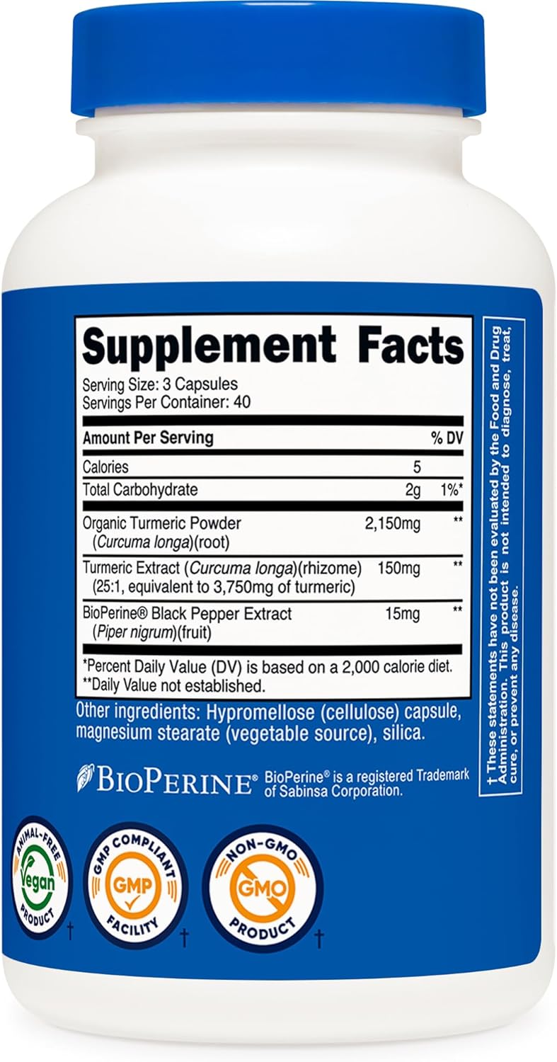 Nutricost Turmeric Curcumin with BioPerine and 95% Curcuminoids, 2300mg, 120 Capsules, Veggie Capsules, 767mg Per Cap, 40 Servings, Gluten Free, Non-GMO