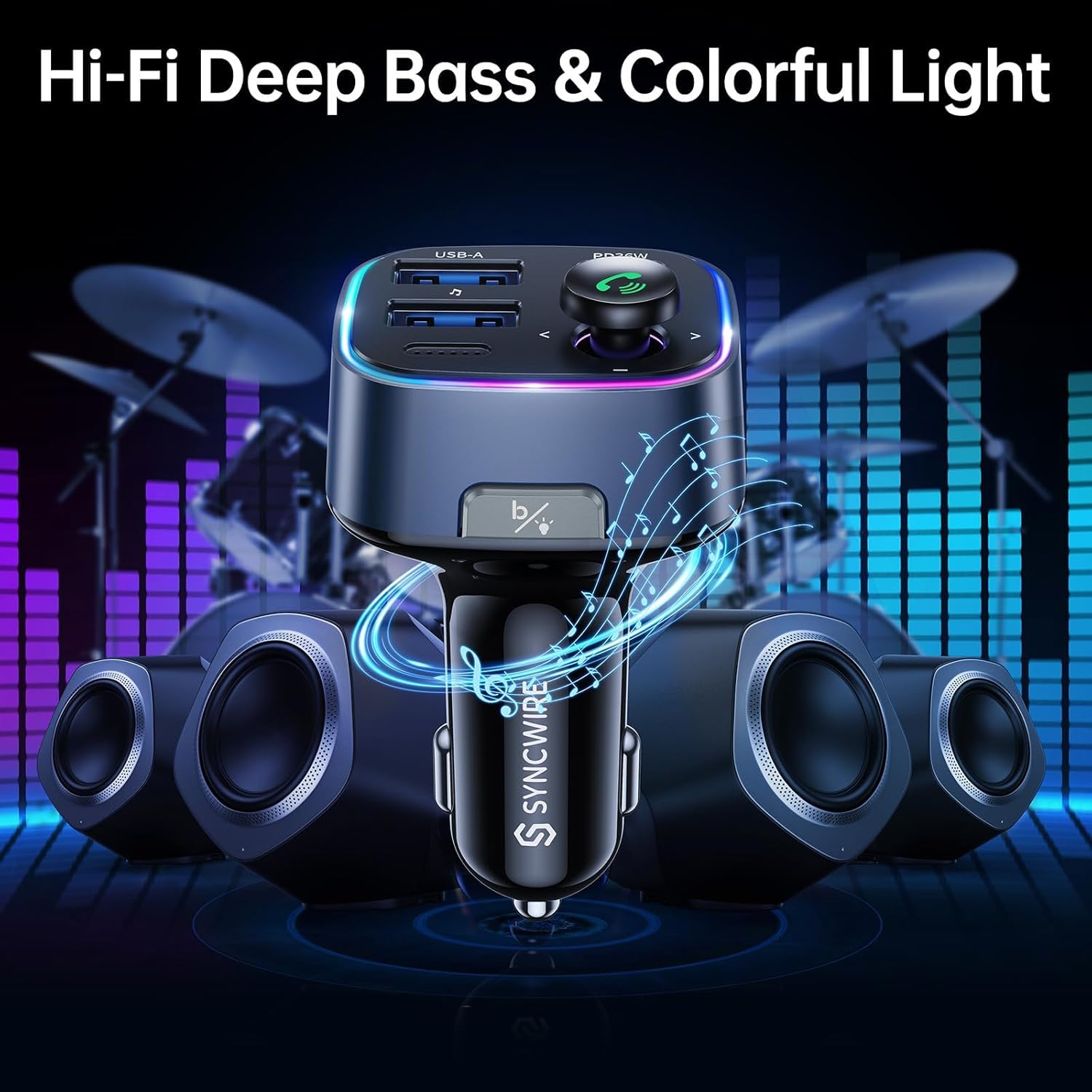 Syncwire Bluetooth 5.3 FM Transmitter Car Adapter 48W(PD 36W 12W) [Light Switch] [Hi-Fi Deep Bass] [Fast Charging] Wireless Radio Music Adapter LED Display Hands-Free Calling Support USB Drive