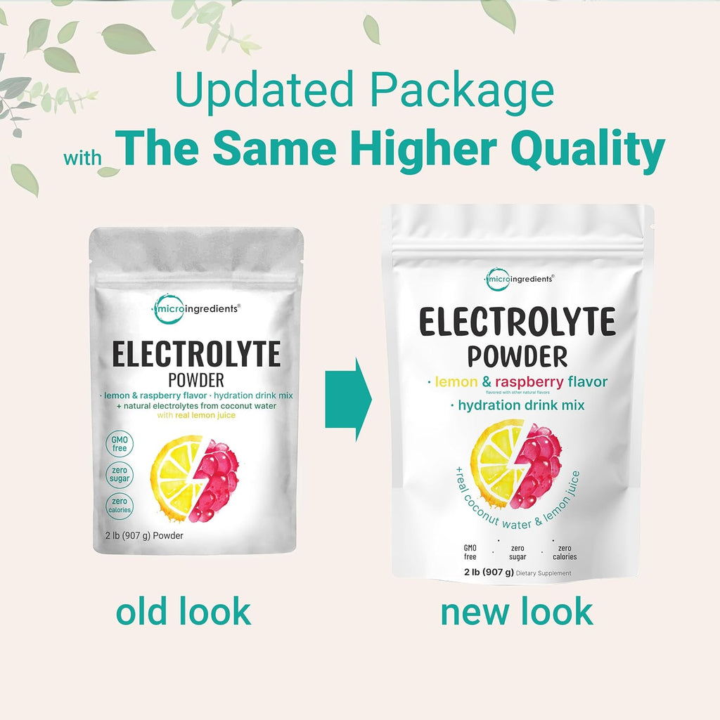 Micro Ingredients Electrolyte Powder, 2 lbs (139 Servings) | Lemon Raspberry Flavor | High Potassium (1,000mg) + Coconut Water & Real Lemon Juice | No Sugar, Keto Friendly | Non-GMO