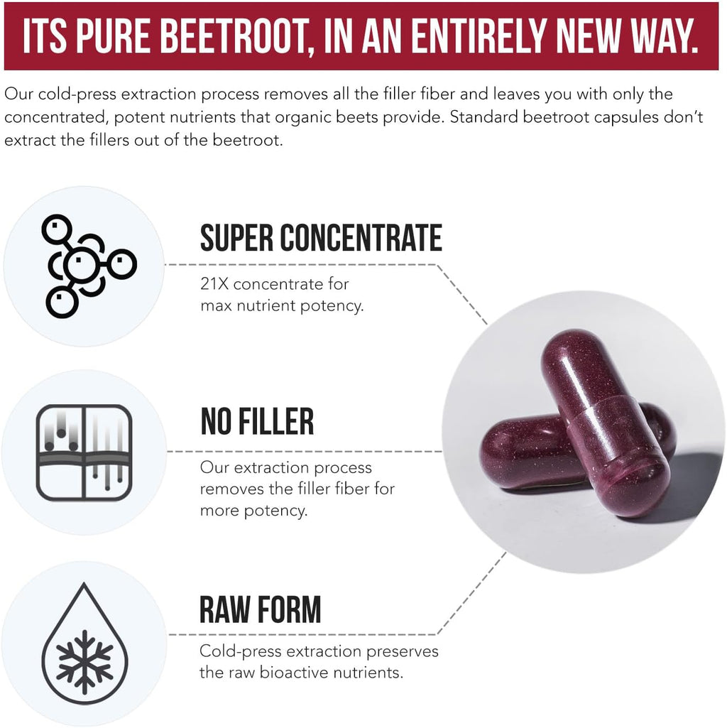 BioBeet Max Strength Beet Root Capsules - 21:1 Concentrate, Each Serving Derived from 28,350 mg Organic Beetroot - Absorption Enhancement with BioPerine Black Pepper Extract (60 Capsules)