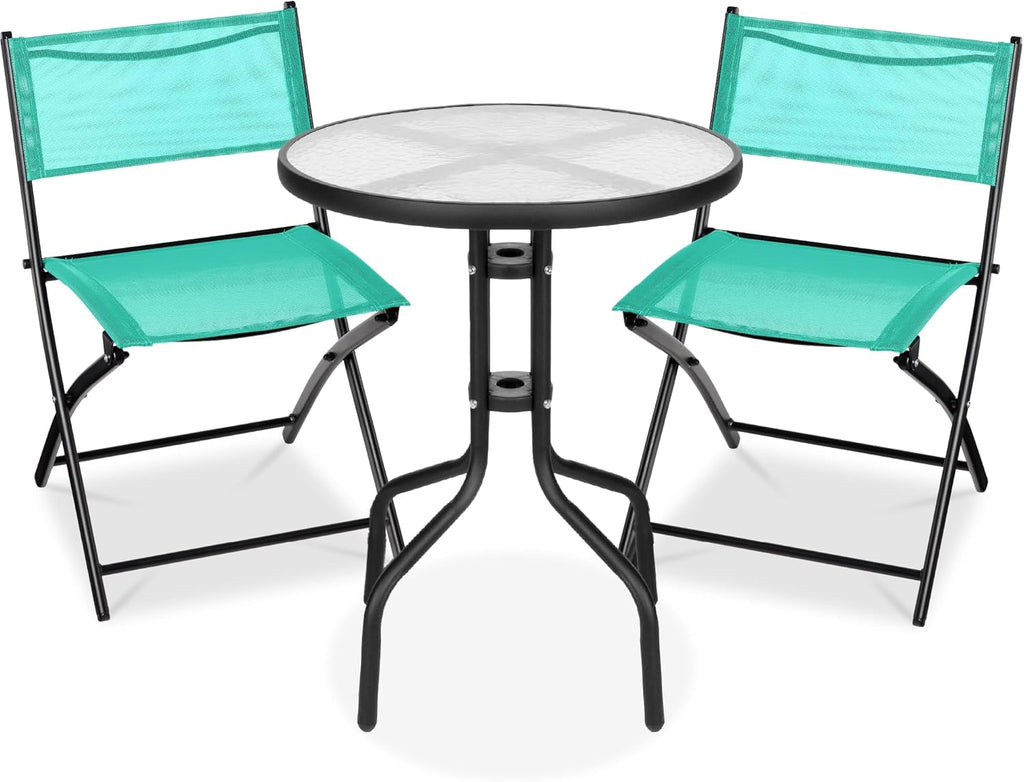 Best Choice Products 3-Piece Patio Bistro Dining Furniture Set w/Textured Glass Tabletop, 2 Steel Folding Chairs, Polyester Fabric - Mint
