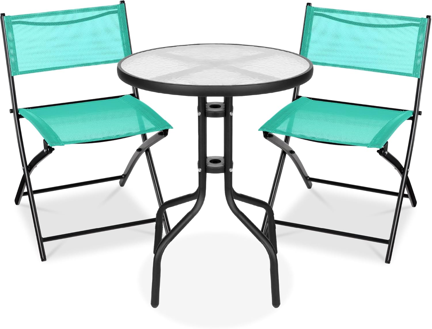 Best Choice Products 3-Piece Patio Bistro Dining Furniture Set w/Textured Glass Tabletop, 2 Steel Folding Chairs, Polyester Fabric - Mint