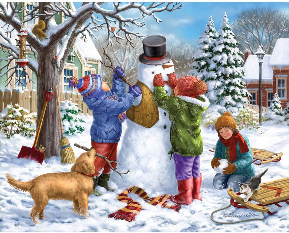Bits and Pieces ¨C Value Set of Two 300 Piece Jigsaw Puzzles for Adults ¨C Building a Snowman on a Snow Day, Sunrise Feasting - Winter Snow Jigsaw Puzzles by Artist Liz Goodrick - Dillon