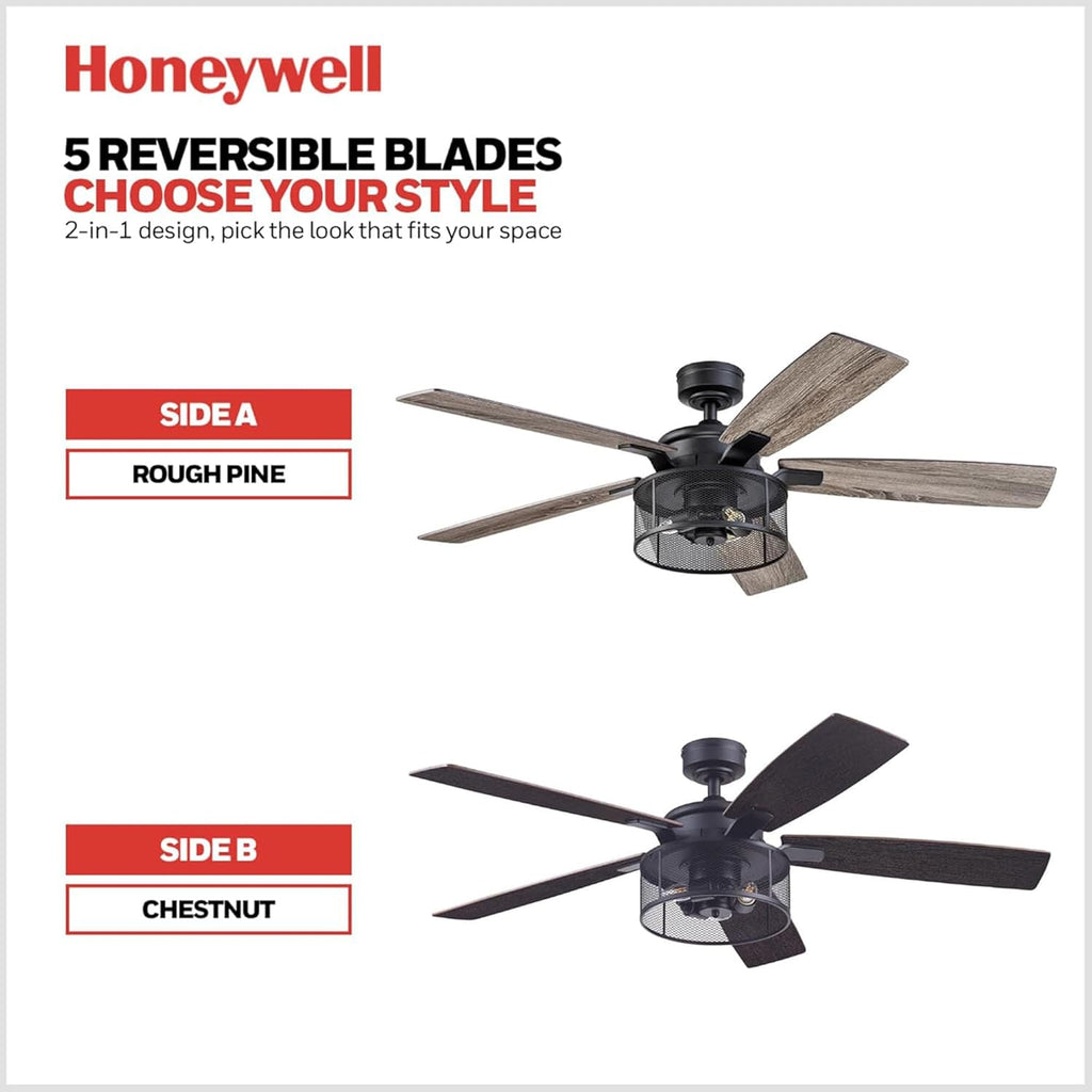 Ceiling Fans Carnegie Industrial 52 Inch Ceiling Fan with Light, Remote Control Fan, LED Indoor Fan with 5 Blades, Gray Pine and Brown Chestnut Blade Finish Options, Matte Black (50614-01)