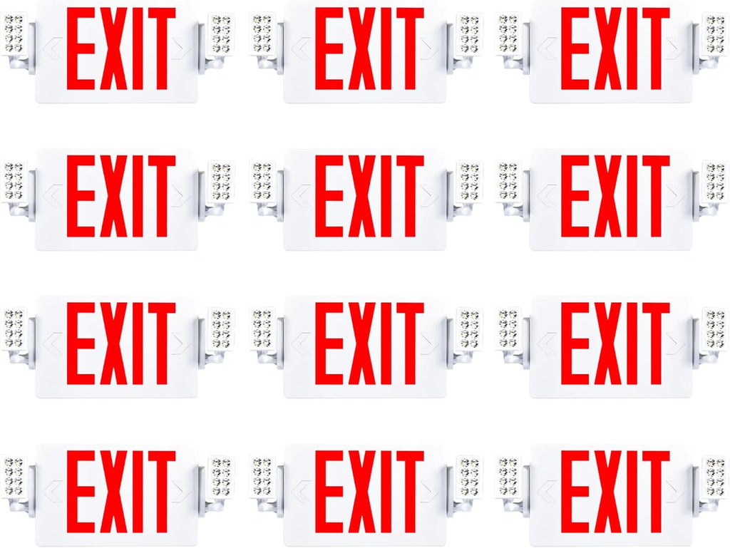 Sunco 12 Pack Exit Signs With Emergency Lights, Two Adjustable LED Lights With Backup Battery, Red, 94V-0 Fire Resistant, 120-277V, Wall Or Ceiling Mount, Commercial Grade UL.