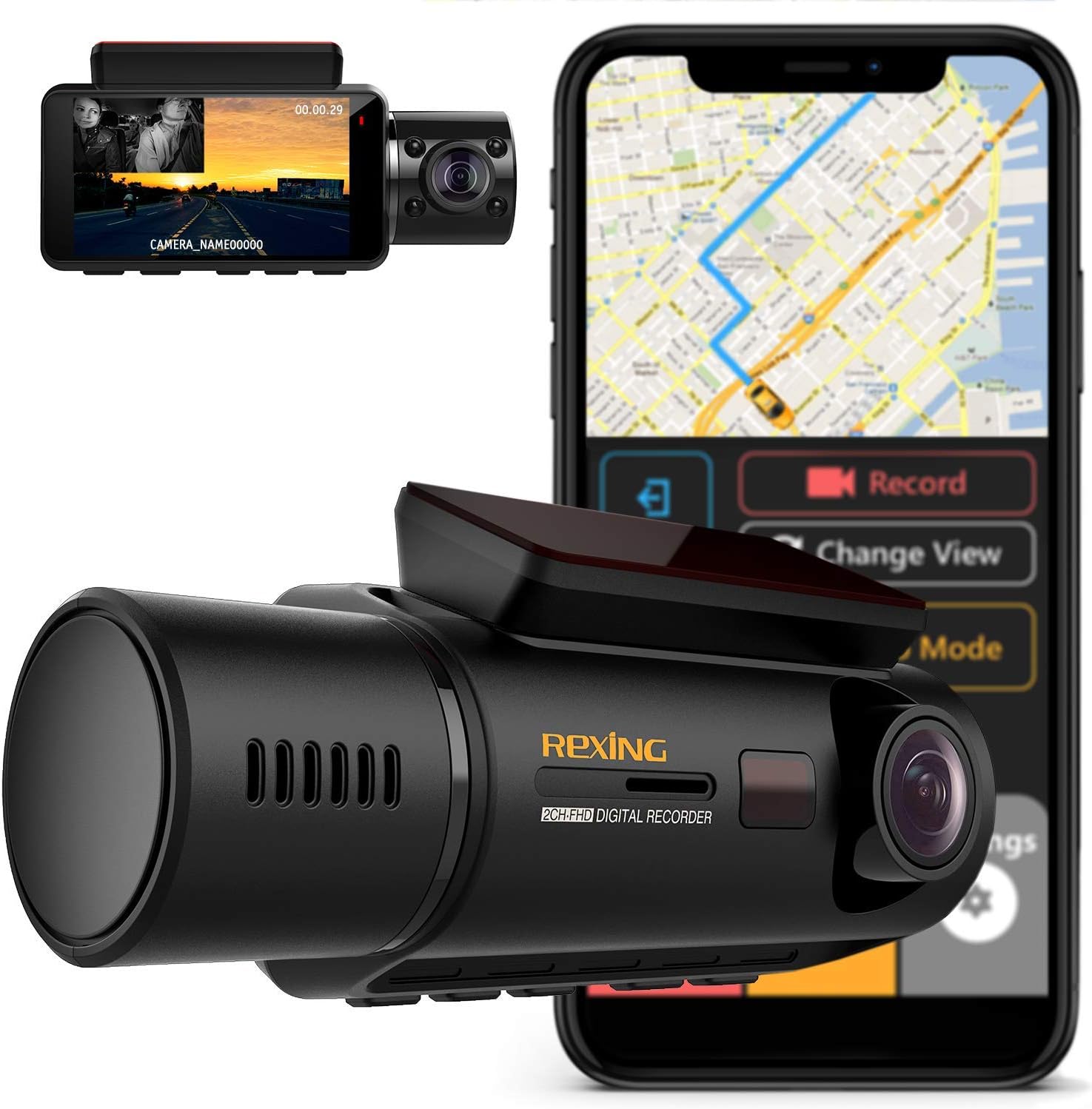Rexin V Dua Camer Fron an Insid Cabi Ful H 1080 wit WiF an Built-i GPS