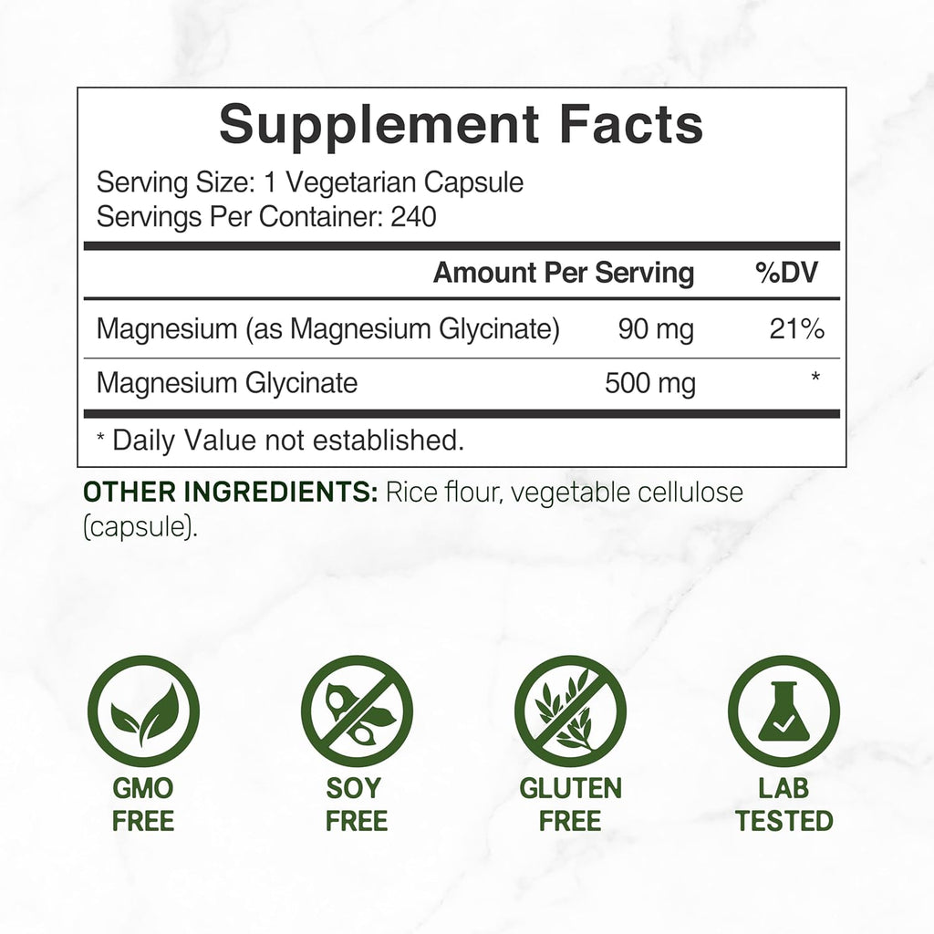 Magnesiu Glycinat 500mg 24 Veggi Capsule 100 Chelate fo Eas Absorptio Highl Purifie Essentia Trac Minera Supplemen Non-GMO Vega Friendly
