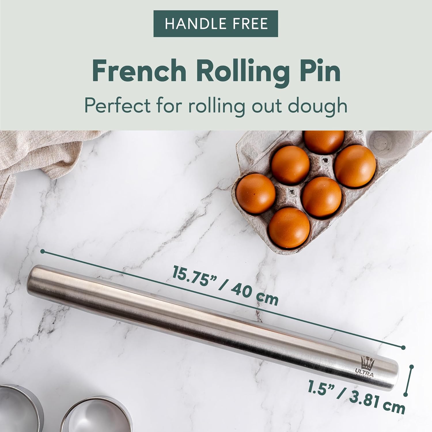 Ultra Cuisine French Rolling Pin for Baking ¨C Use with Pizza, Cookie, and Pastry Dough, Fondant and Pie Crust ¨C Tapered Design Bread Roller Pin, Stainless Steel 15.75-inch Large Roller Pin