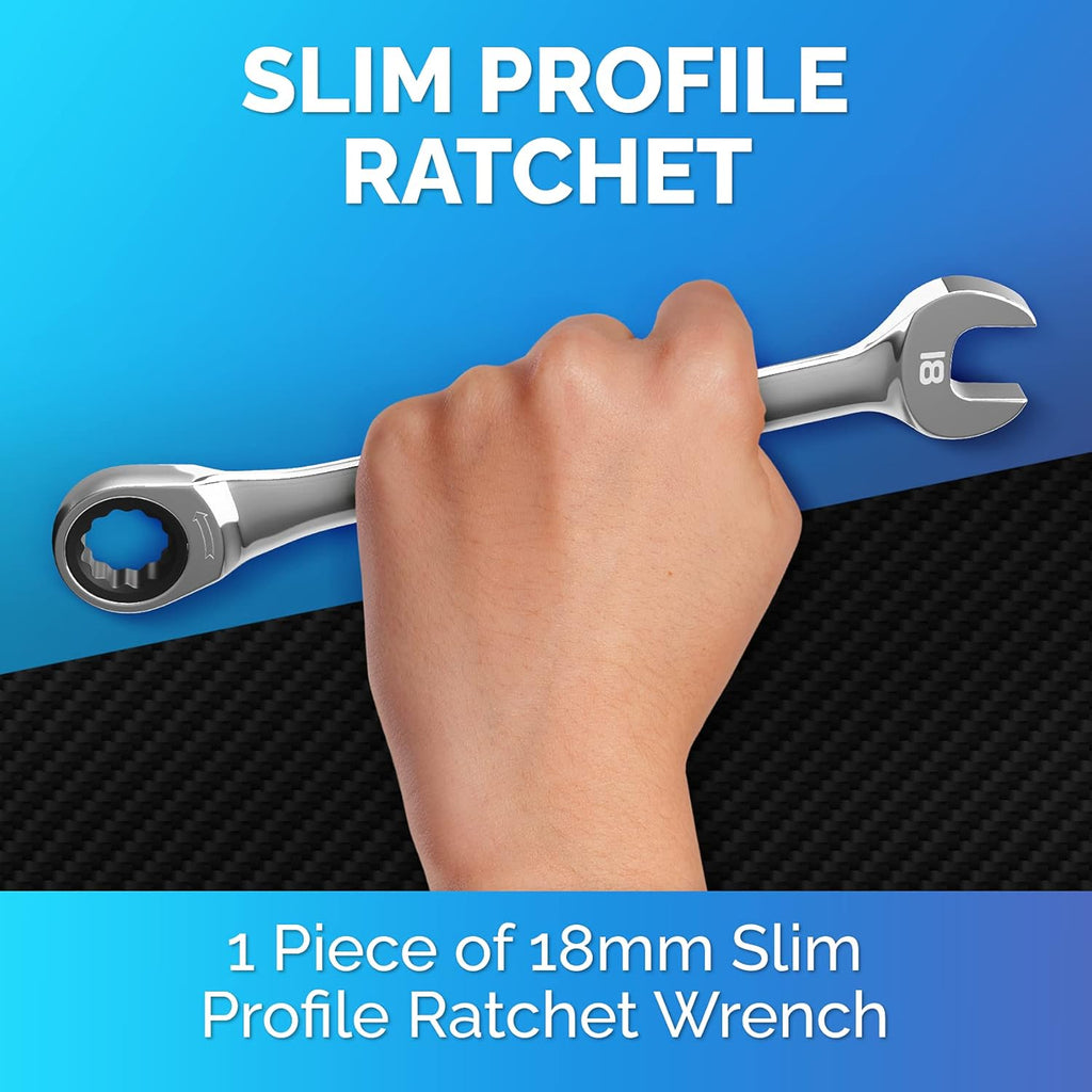 TOOLGUARDS 18mm Wrench - Ratcheting Wrench - Slim Profile - Ratchet Wrench - 100% Lifetime Satisfaction Guarantee