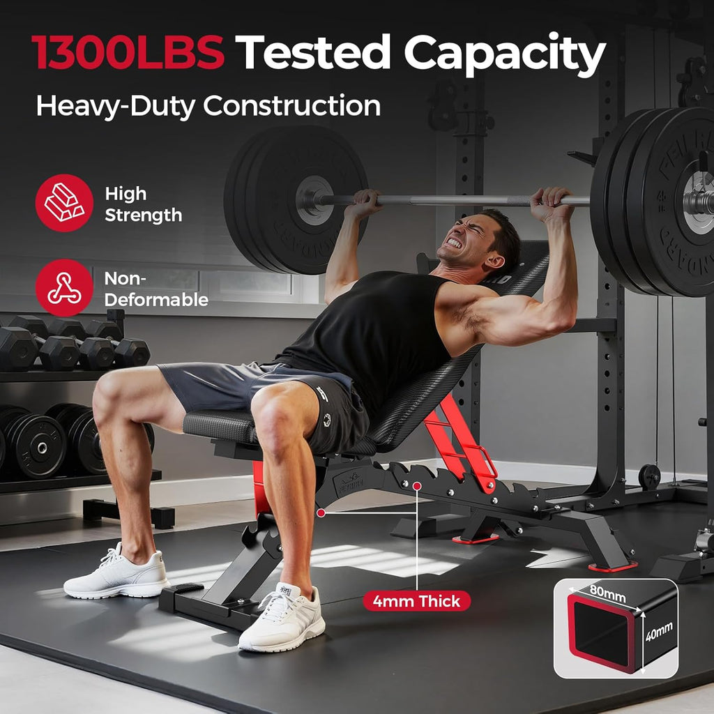FLYBIR Commercia Grad Adjustabl Weigh Benc 1300LB Capacity 6+ Position fo Ultimat Strengt Trainin Benc Press wit Easy-Rol Wheels
