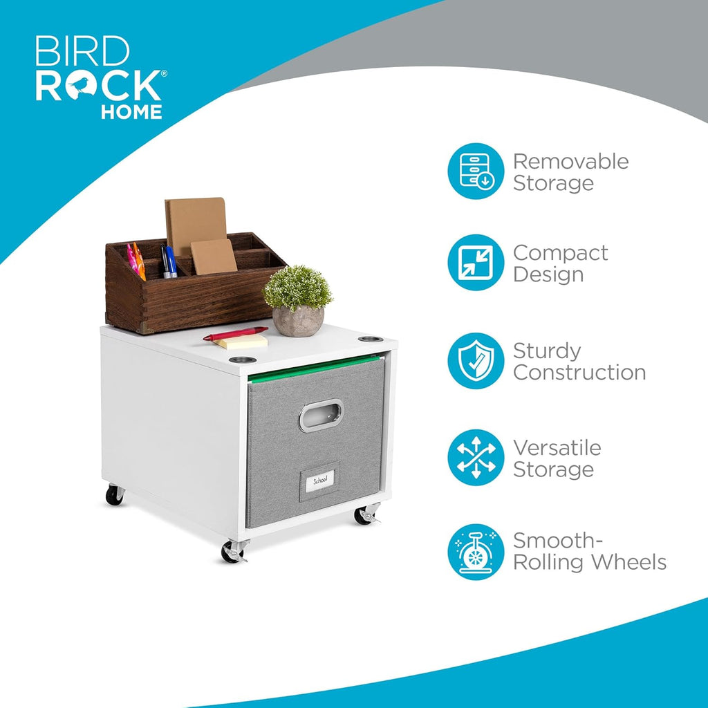 BIRDROCK HOME Rolling File Cabinet ¨C Decorative Storage Shelf w/Removable Bins, Handles, and Wheels ¨C Organize Files, Books, Toys, Under Desk Office Solution, Modern Design - 2 Lateral Drawers, White
