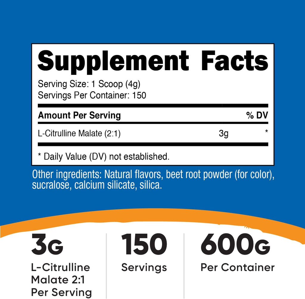 Nutricost L-Citrulline Malate 2:1 (600g) Fruit Punch - Workout Support, Muscle Performance, Nitric Oxide Booster - Fitness Supplement Powder, 75 Servings