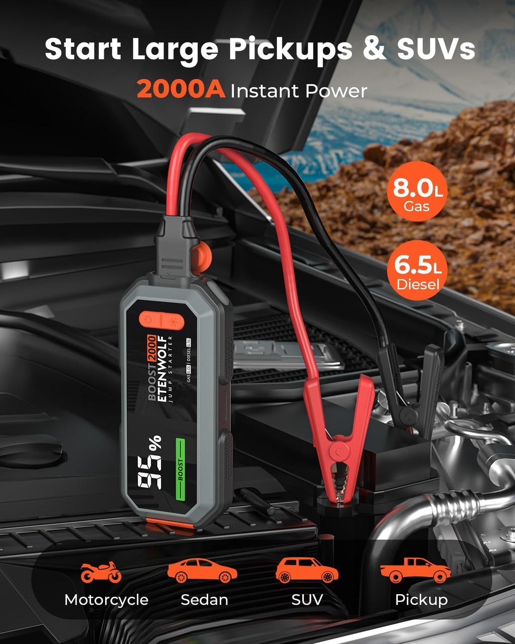 Ca Batter Jum Starte Portable 2000 Pea Jum Box 12 Ca Jum Starte fo u t 8.0 Ga an 6.5 Diese Engines USB- Portabl Batter Jumpe wit Jumpe Cable Powe Bank LE Light