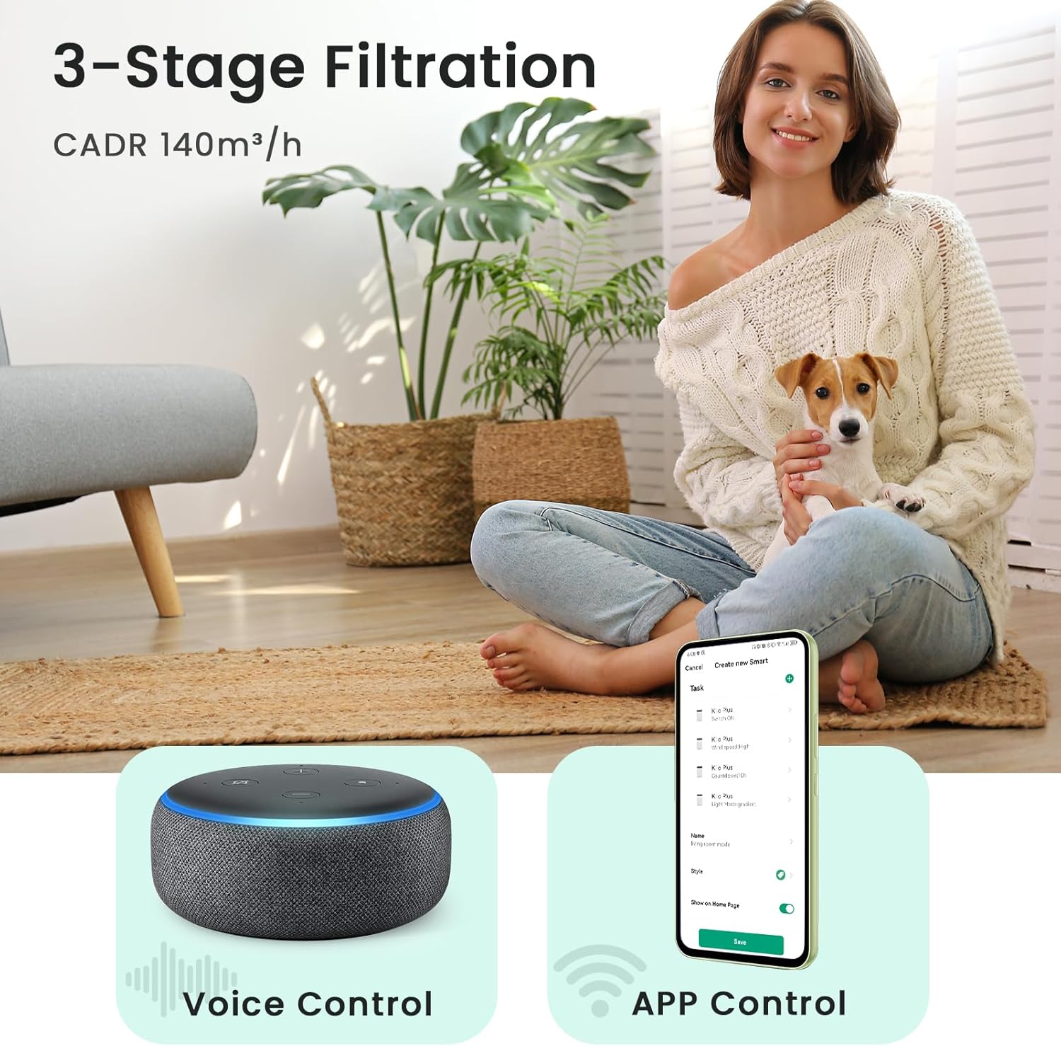 Air Purifiers for Home Bedroom Large Room Up to 1076 Ft2, Smart WiFi Works with Alexa, 3-Stage Filter Cleaner Odor Eliminator, Pet Dander Pollen Allergy Dust Mold Smoke, 22dB, Kiloplus