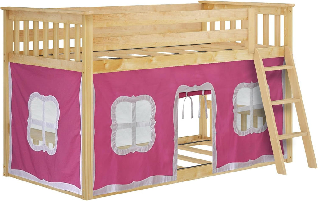 Max & Lily Low Bunk Bed, Twin-Over-Twin Bed Frame For Kids With Curtains For Bottom, Natural/Pink
