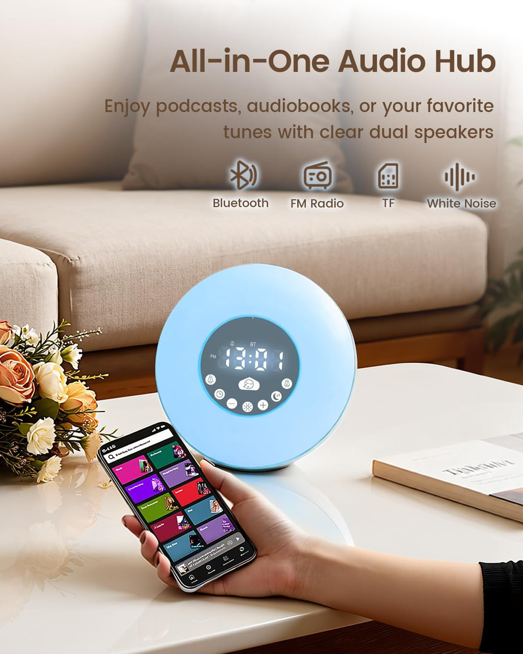 Glocusen Sunris Alar Clock Sunris Simulatio Wak U Light Slee Ai Mod wit Timer 4-in- Whit Nois Machine Bluetoot Speaker F Radio Dua Alarm wit Snooz fo Adults Bab Bedroom