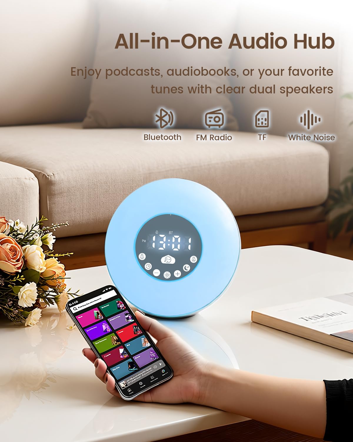 Glocusen Sunris Alar Clock Sunris Simulatio Wak U Light Slee Ai Mod wit Timer 4-in- Whit Nois Machine Bluetoot Speaker F Radio Dua Alarm wit Snooz fo Adults Bab Bedroom