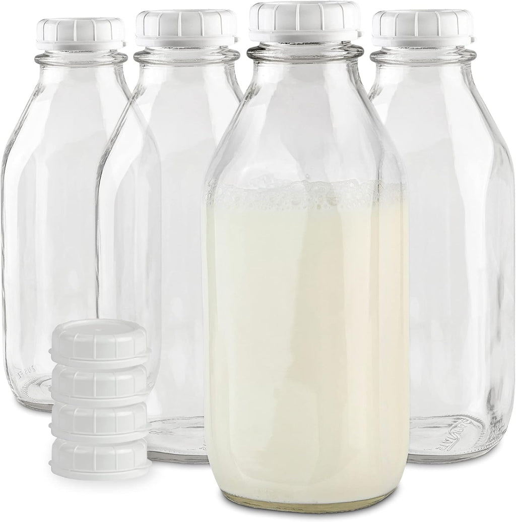 Stock Your Home Liter Glass Milk Bottle with Lid (4 Pack) 32 Oz Jugs and 8 White Caps, Reusable Food Grade Container for Refrigerator, Juice, Oat or Plant Milks, Water, Honey