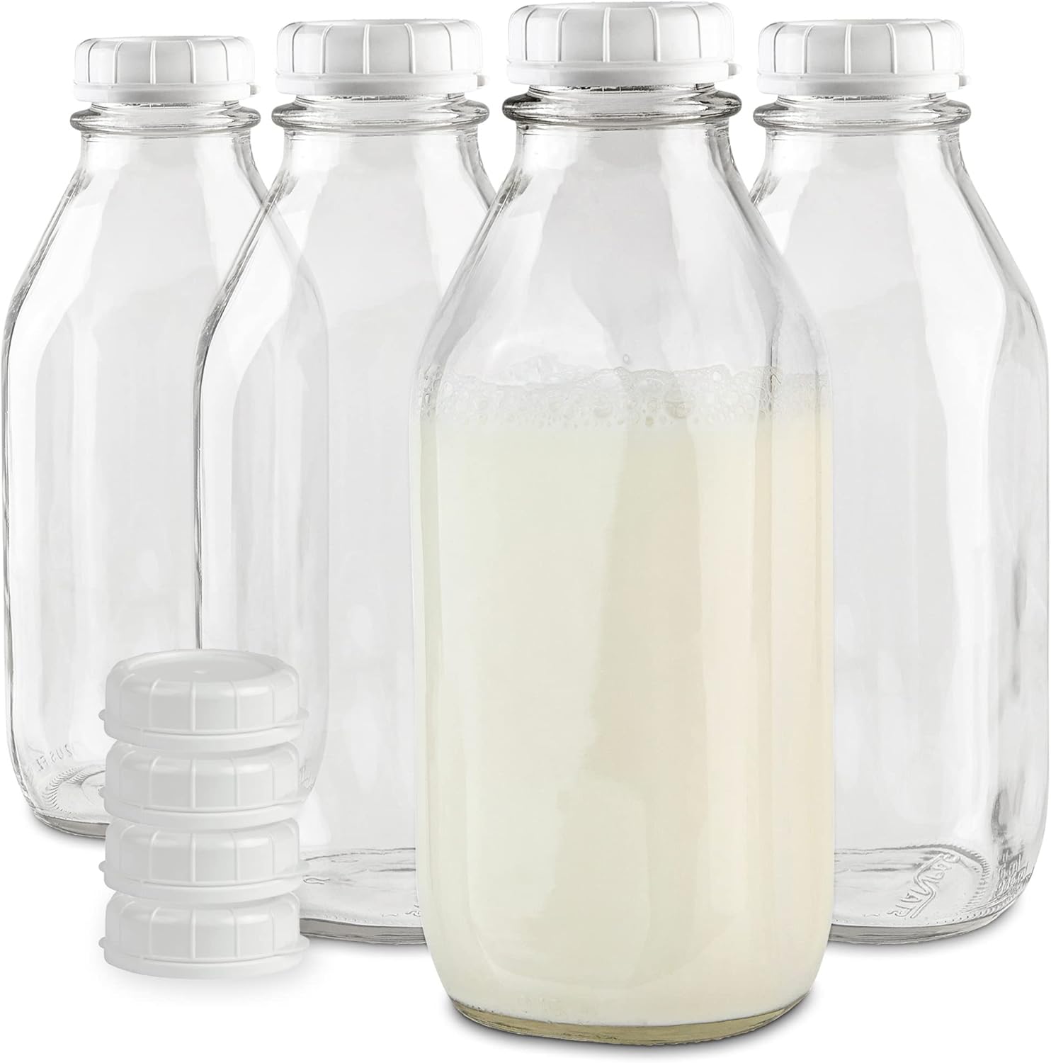 Stock Your Home Liter Glass Milk Bottle with Lid (4 Pack) 32 Oz Jugs and 8 White Caps, Reusable Food Grade Container for Refrigerator, Juice, Oat or Plant Milks, Water, Honey