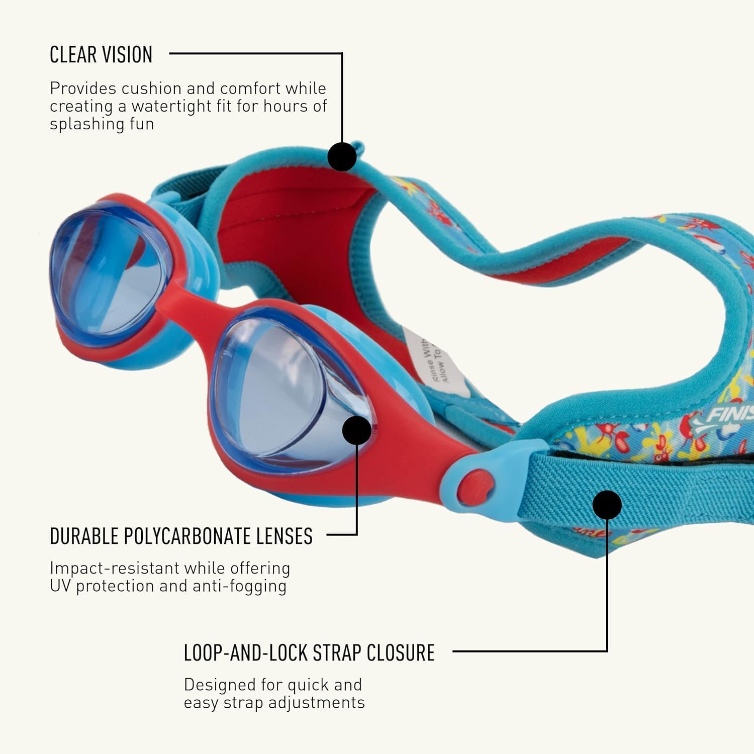 FINIS DragonFly Kids Swim Goggles - Ages 3-6, Adjustable Floating Strap, UV Protection, Anti-Fog