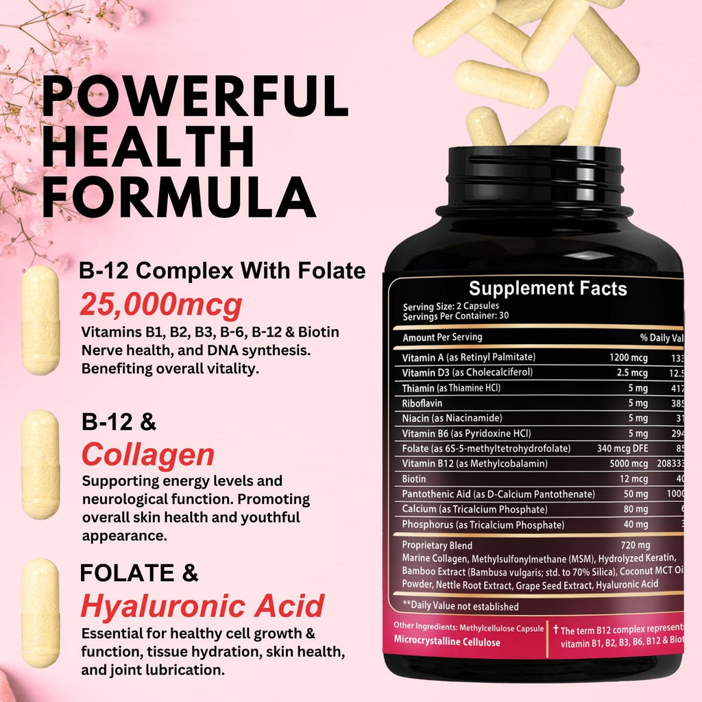 B12 with Hyaluronic Acid, Collagen and Folate ¨C 25000 mcg B12 Complex | Maximize Absorption & Energy | Gluten Free USA Made, B1, B2, B3, B6, B7, B12 vitamins 5000 mcg Methylcobalamin - 60 Capsules