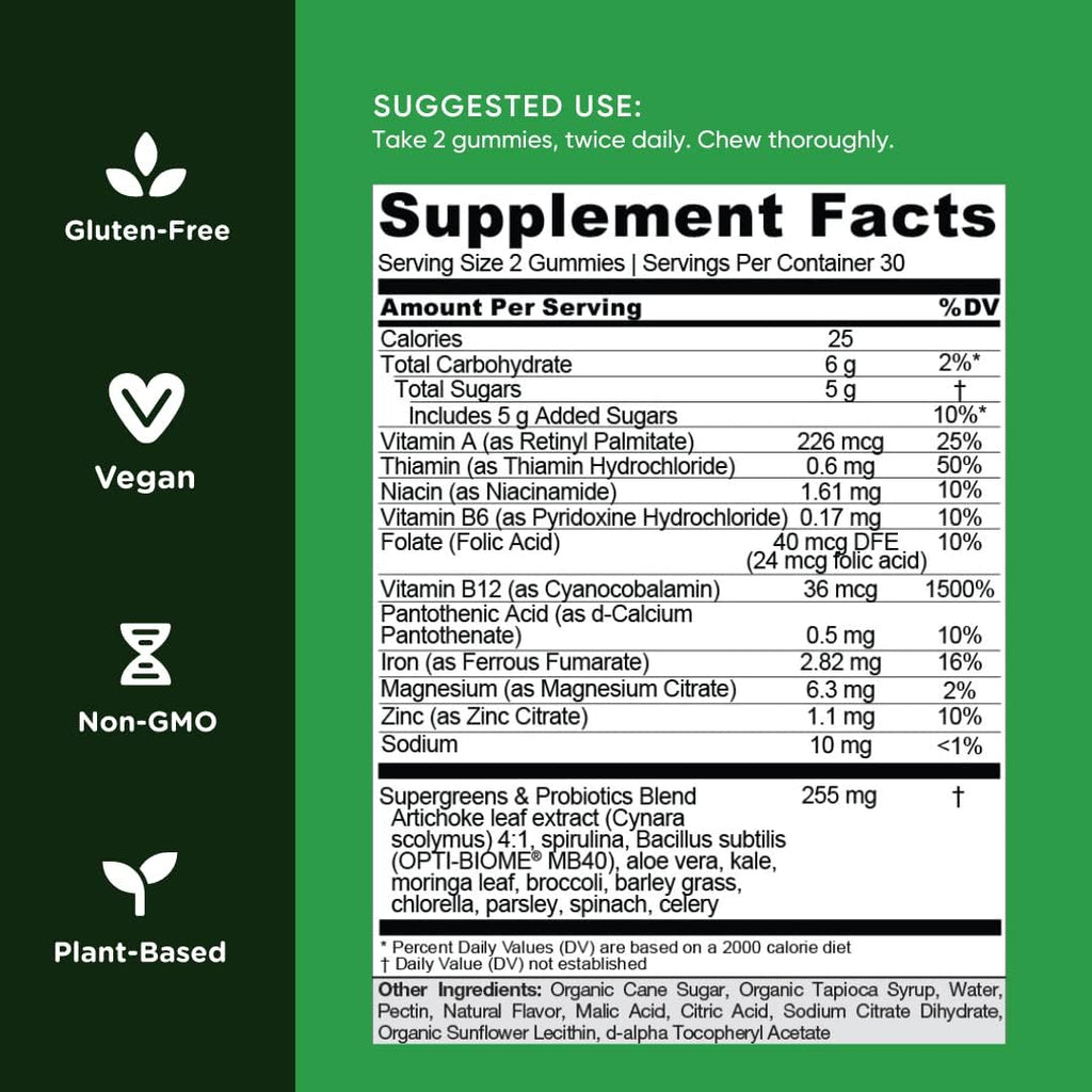 Goli Supergreens Gummies with Probiotics - Artichoke Leaf Extract, Spirulina, Kale, Vitamins A, B6, B12 - Vegan, Gluten-Free, Non-GMO - 300 Count (5 Pack)