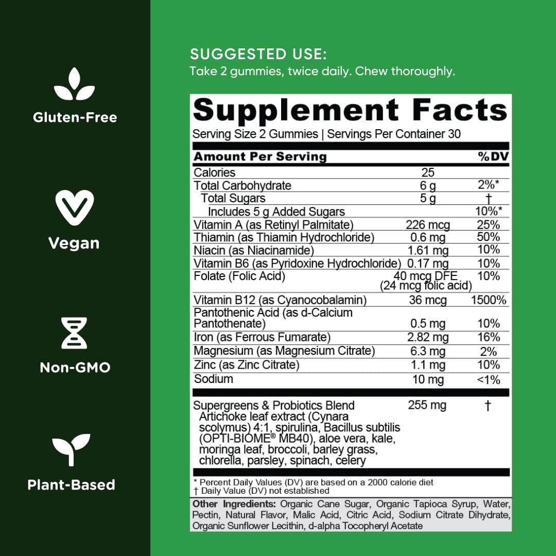 Goli Supergreens Gummies with Probiotics - Artichoke Leaf Extract, Spirulina, Kale, Vitamins A, B6, B12 - Vegan, Gluten-Free, Non-GMO - 300 Count (5 Pack)