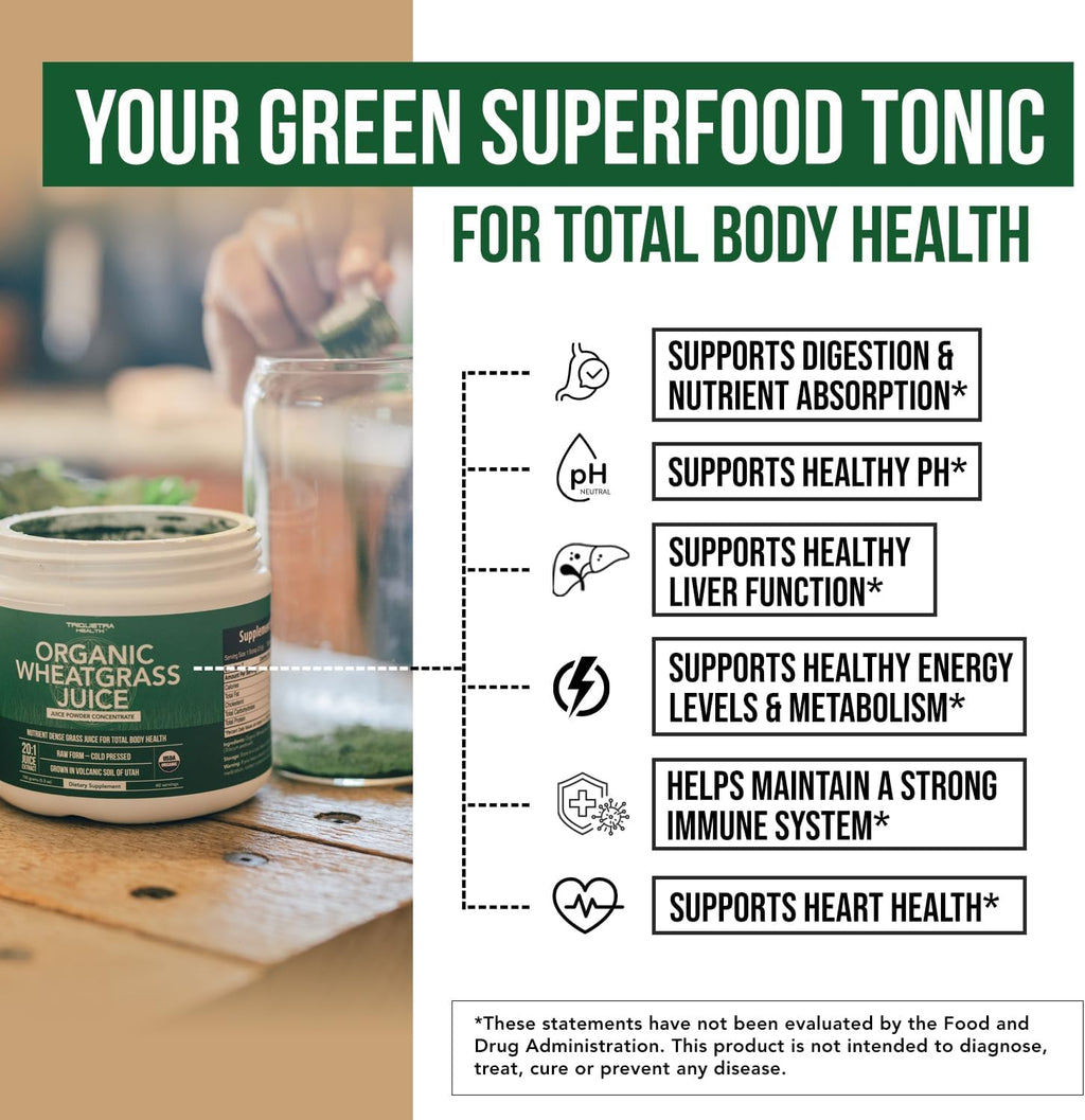Organic Wheatgrass Juice Powder - Organic, Grown in Volcanic Soil of Utah - Raw Form, Cold-Pressed Then CO2 Dried, 20:1 Concentrate Juice Extract - Unflavored (5.3 oz ¨C 60 Servings)