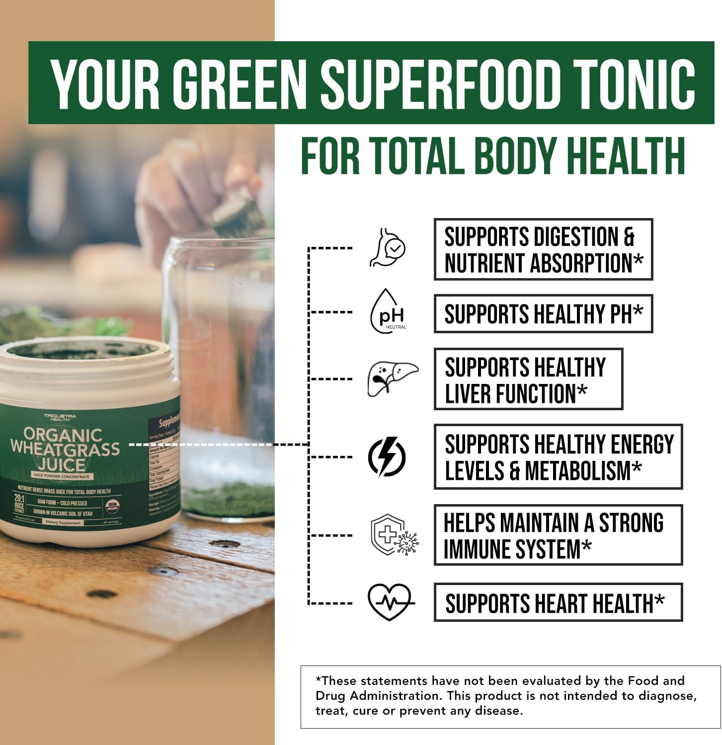 Organic Wheatgrass Juice Powder - Organic, Grown in Volcanic Soil of Utah - Raw Form, Cold-Pressed Then CO2 Dried, 20:1 Concentrate Juice Extract - Unflavored (5.3 oz ¨C 60 Servings)