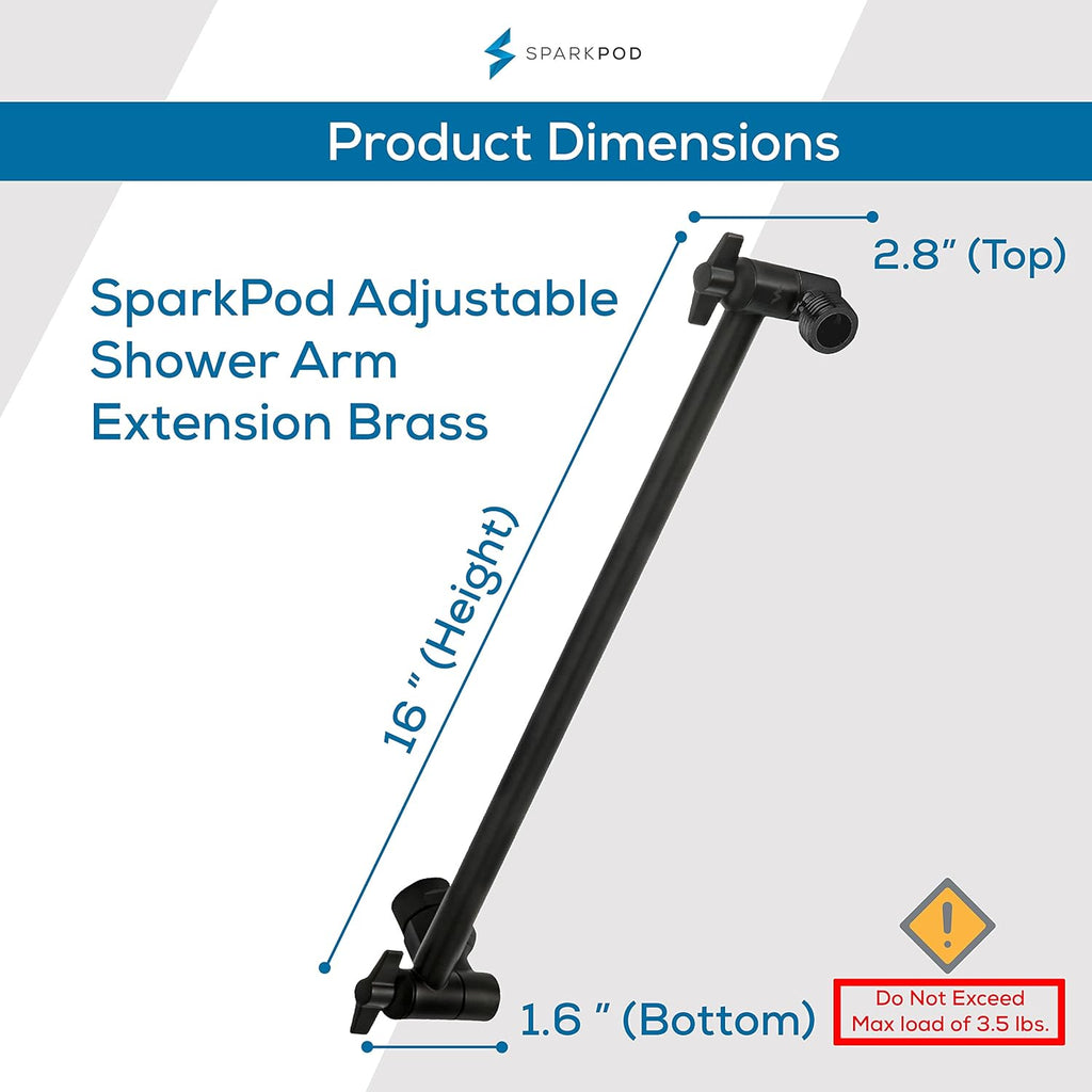 16inch Solid Brass Shower Head Extension Arm - Flexible Height Angle Adjustable Shower Arm Extension for Rain Showerheads with Sturdy Lock - Universal Pipe Connection (Midnight Black Matte)