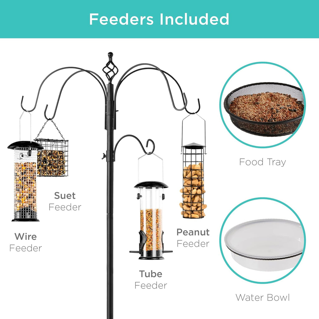 Bes Choic Product 6-Hoo Bir Feedin Station Stee Multi-Feede Ki Stan fo Attractin Wil Bird w Bir Feeders Mes Tray Bir Bath 5-Pron Bas Black