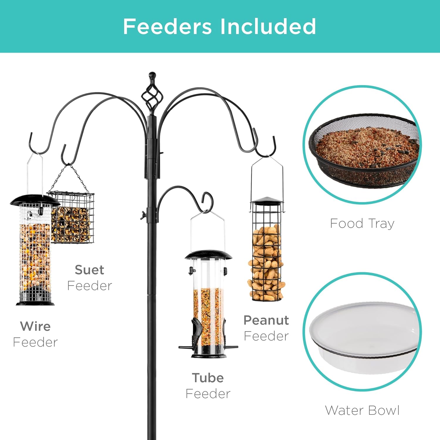 Bes Choic Product 6-Hoo Bir Feedin Station Stee Multi-Feede Ki Stan fo Attractin Wil Bird w Bir Feeders Mes Tray Bir Bath 5-Pron Bas Black