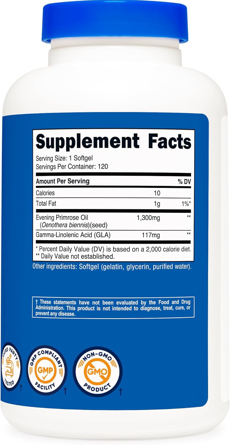Nutricost Evening Primrose Oil 1,300mg, 120 Softgels - Cold Pressed, Non-GMO, Gluten Free, 120 Servings