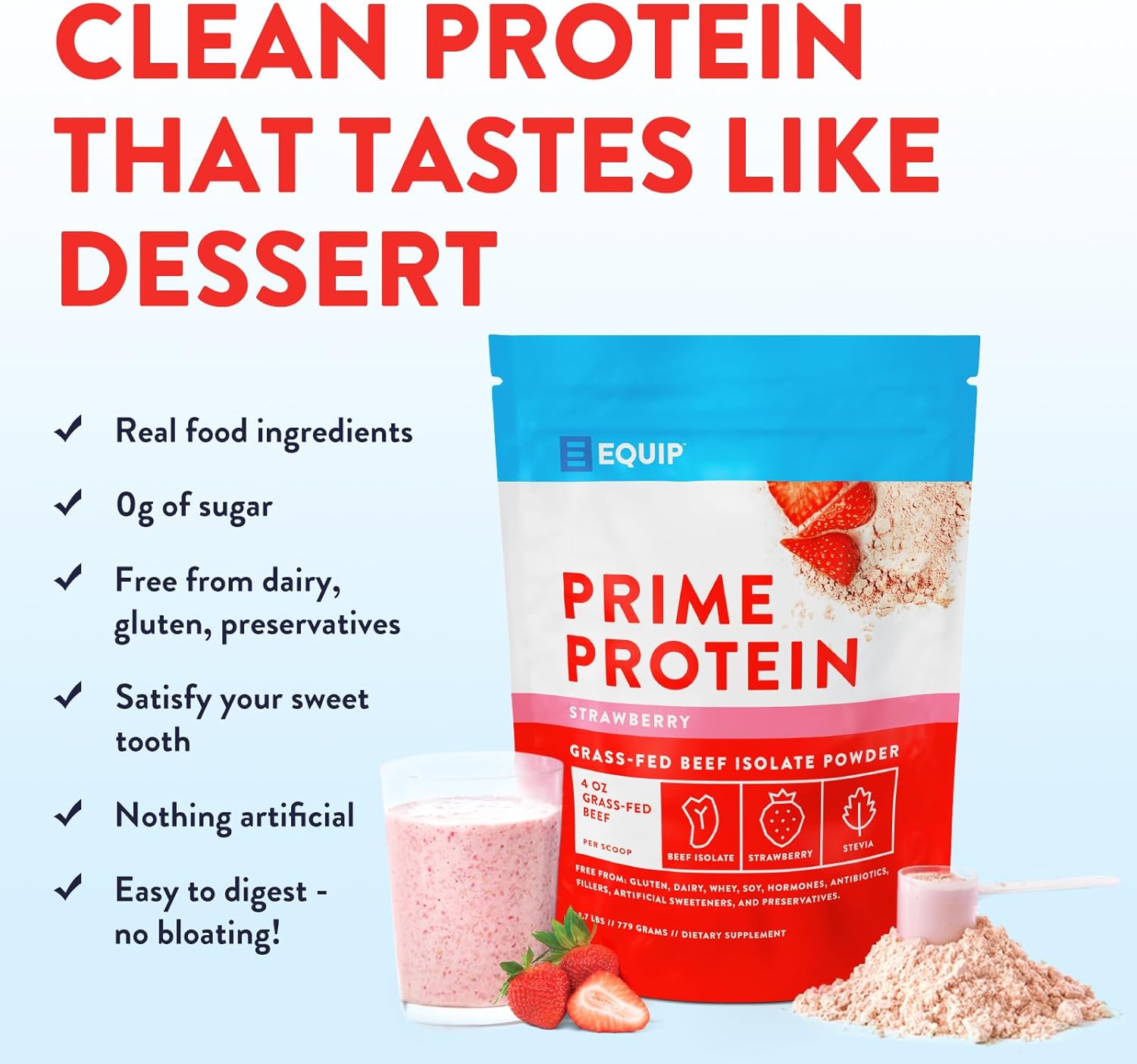 Equip Foods Prime Protein Powder | Clean, Grass Fed Beef Protein Powder | Carnivore Protein Isolate | Paleo, Keto Friendly | Gluten Dairy Free | Helps Build Repair Tissue | 30 Servings, Strawberry