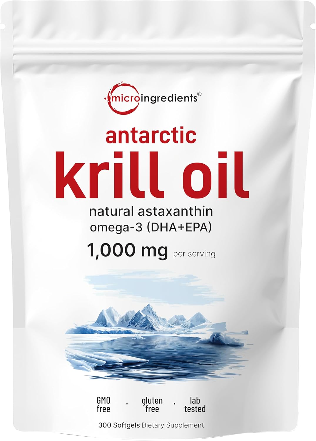 Micro Ingredients Antarctic Krill Oil Supplement with Natural Astaxanthin, 1000mg Per Serving, 300 Soft-Gels, Rich in Omega-3s EPA DHA, Supports Immune System Brain Health, Easy to Swallow