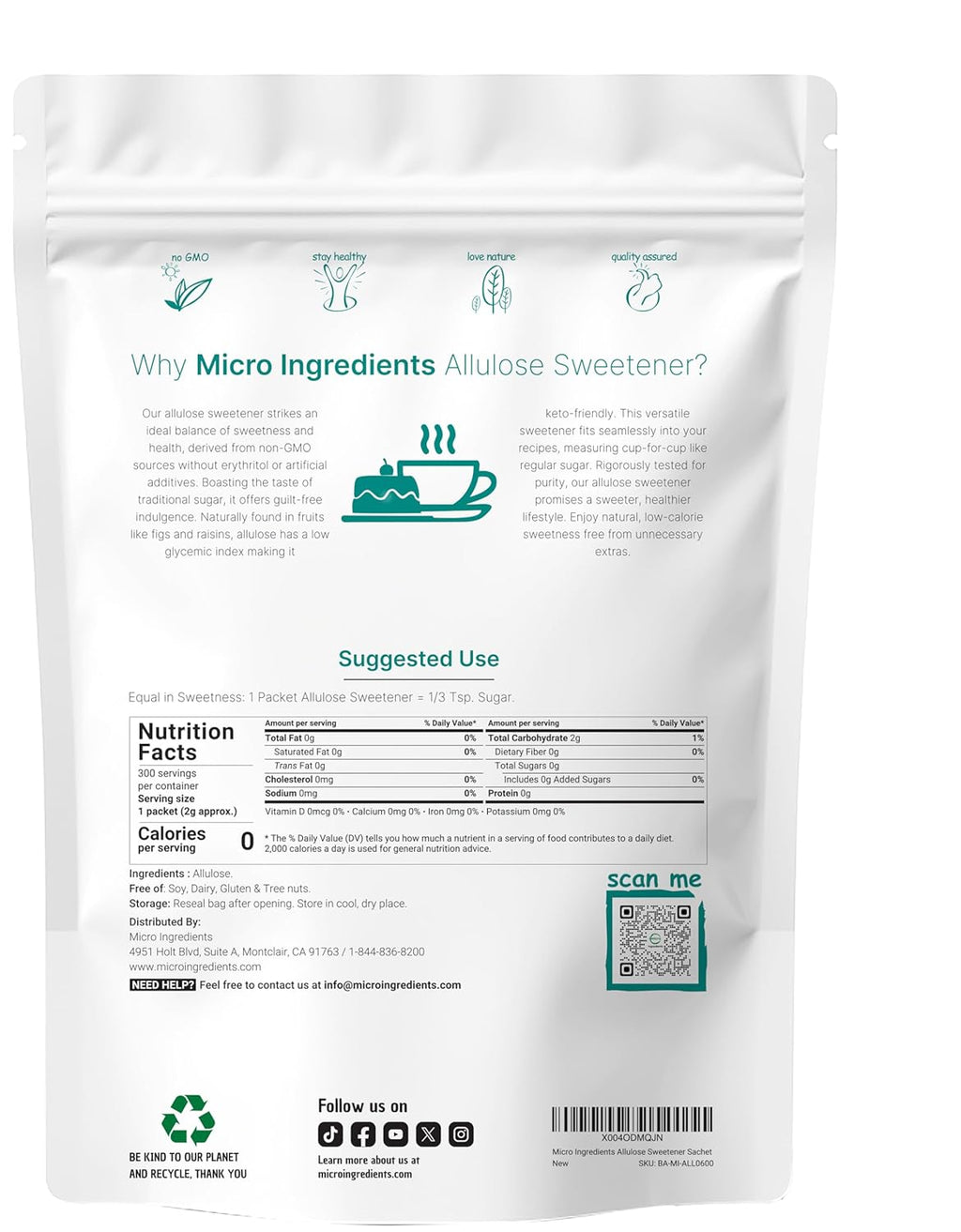 Allulose Sweetener, 300 Packets | Zero Calorie, Plant Based Sugar Substitute, No After Taste | Best for Coffee, Drinks, Tea, Snacks, Cooking, & Baking | Keto Diet & Vegan Friendly | Erythritol Free