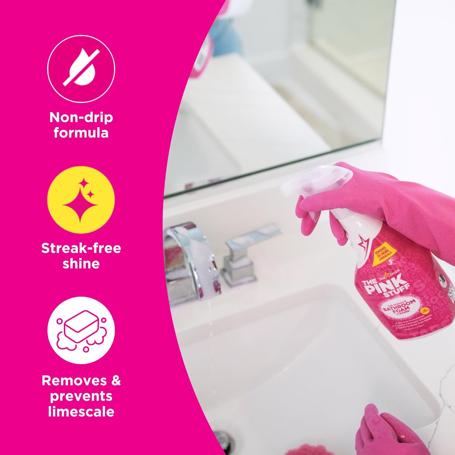 Stardrops - The Pink Stuff Miracle Bathroom Foam Cleaner, 30 fl oz ¨C Now 20% More! Powerful Foaming Action for Showers, Sinks, Tubs Tiles ¨C Removes Soap Scum, Limescale Grime with Ease