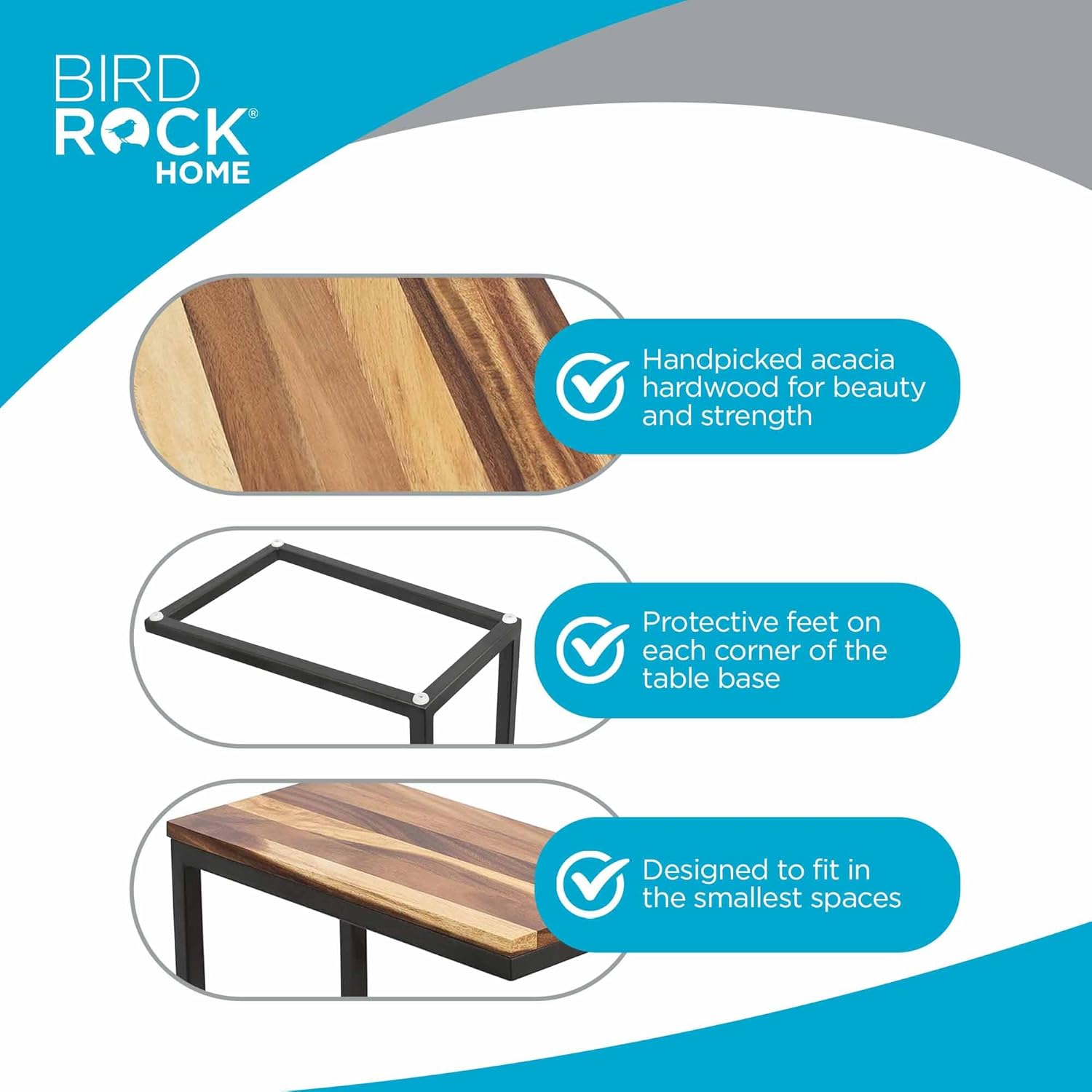 BIRDROCK HOME Acacia Wood TV Tray Side Table | Set of 2 | Industrial Design | Natural Wood Bed Sofa Snack End Table