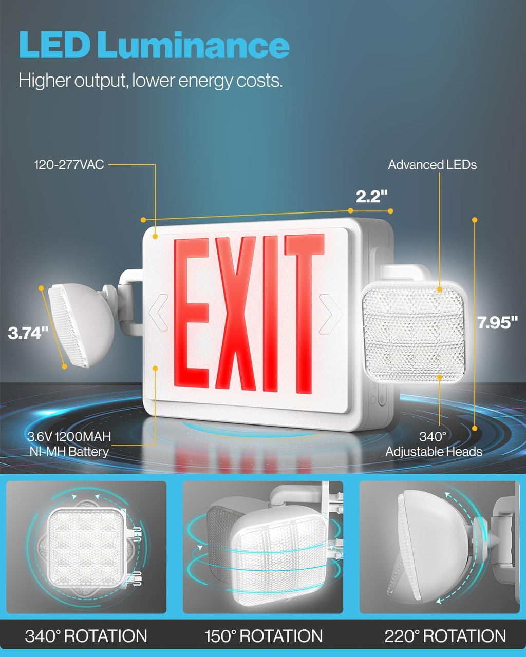 Sunc 1 Pac Re Exi Sign Wit Emergenc Lights Tw Adjustabl Squar LE Lights 94V- Fir Resistant Backu Battery 120-277V Wal O Ceilin Mount Commercia Grad Doubl Sided.