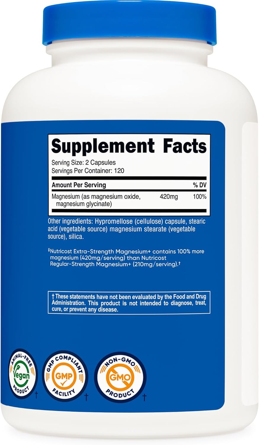 Nutricost Magnesium+ Extra Strength 420mg, 240 Capsules - 120 Servings. Magnesium Oxide and Glycinate - Non-GMO, Gluten Free, Vegan Friendly