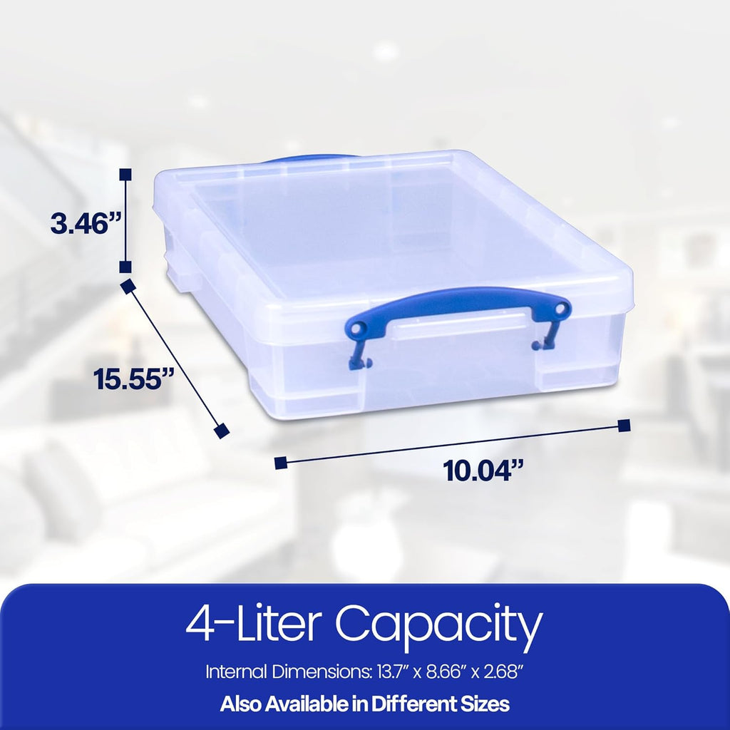 Really Useful Box 4 Liter Plastic Storage File Box Container with Snap Lid and Clip Lock Handles for Office Organization and Storage, Clear (10 Pack)