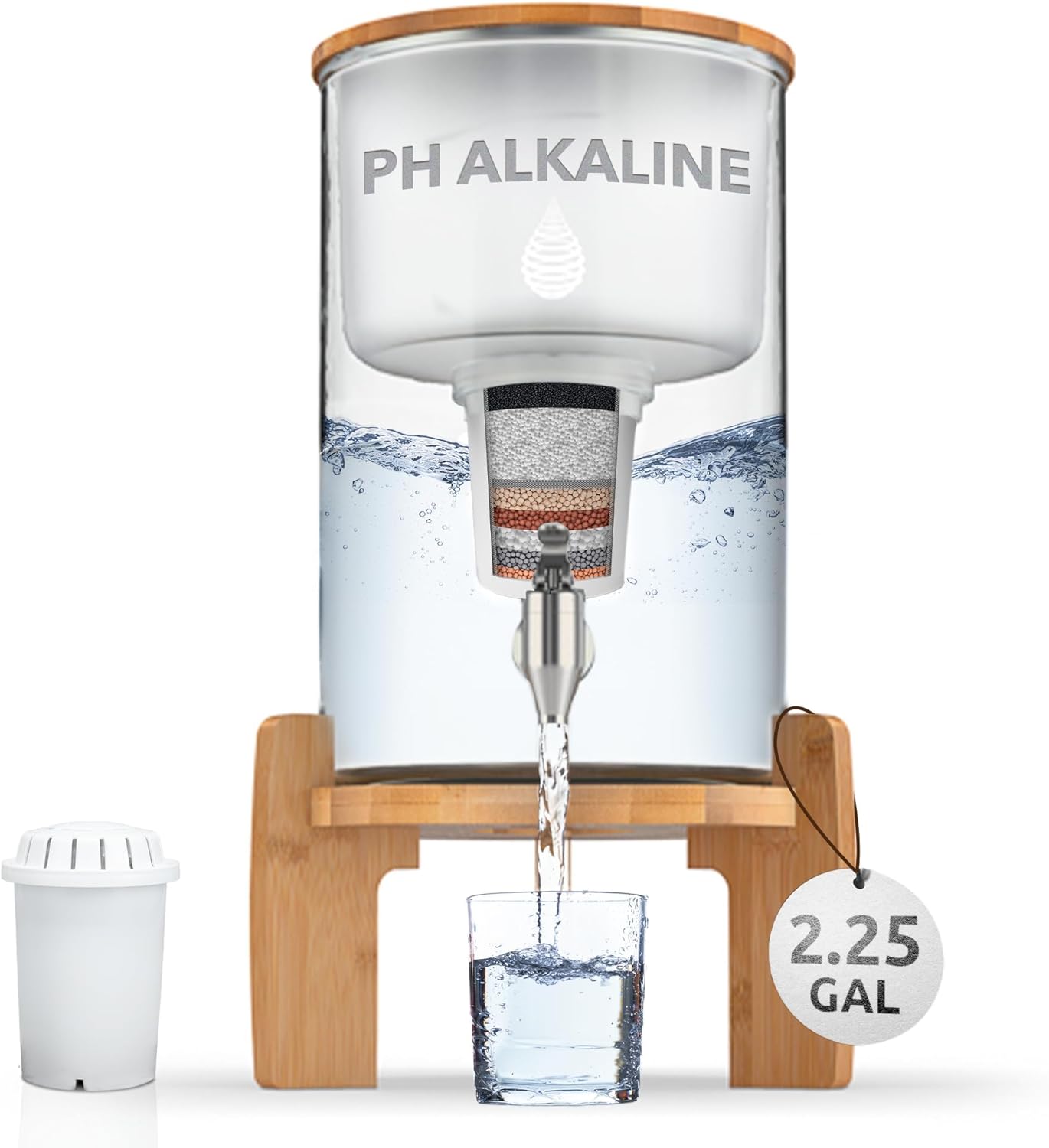 Invigorated Water pH Recharge Glass Alkaline Water Dispenser Filter System - Countertop Purifier Pitcher for Home and Office - High pH Pure Drinking Water Filtration- 8.5L/2.25 Galinch