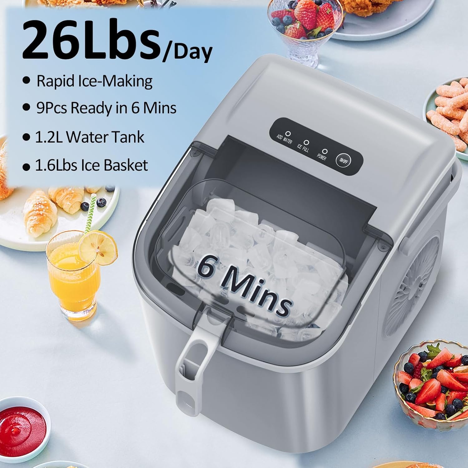 Antarcti Sta Counterto Ic Make Portabl Ic Machin wit Handle,Self-Cleanin Bulle Ic Makers 26Lbs/24H Ic Cube Read i Min fo Hom Kitche Ba Part (Grey)