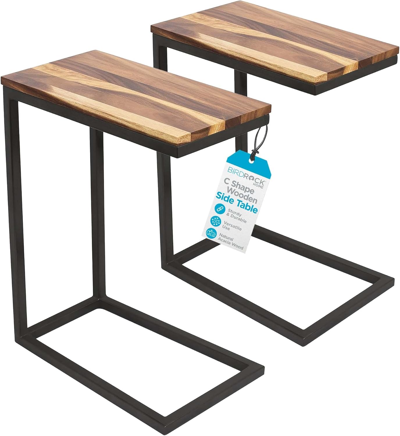 BIRDROCK HOME Acacia Wood TV Tray Side Table | Set of 2 | Industrial Design | Natural Wood Bed Sofa Snack End Table